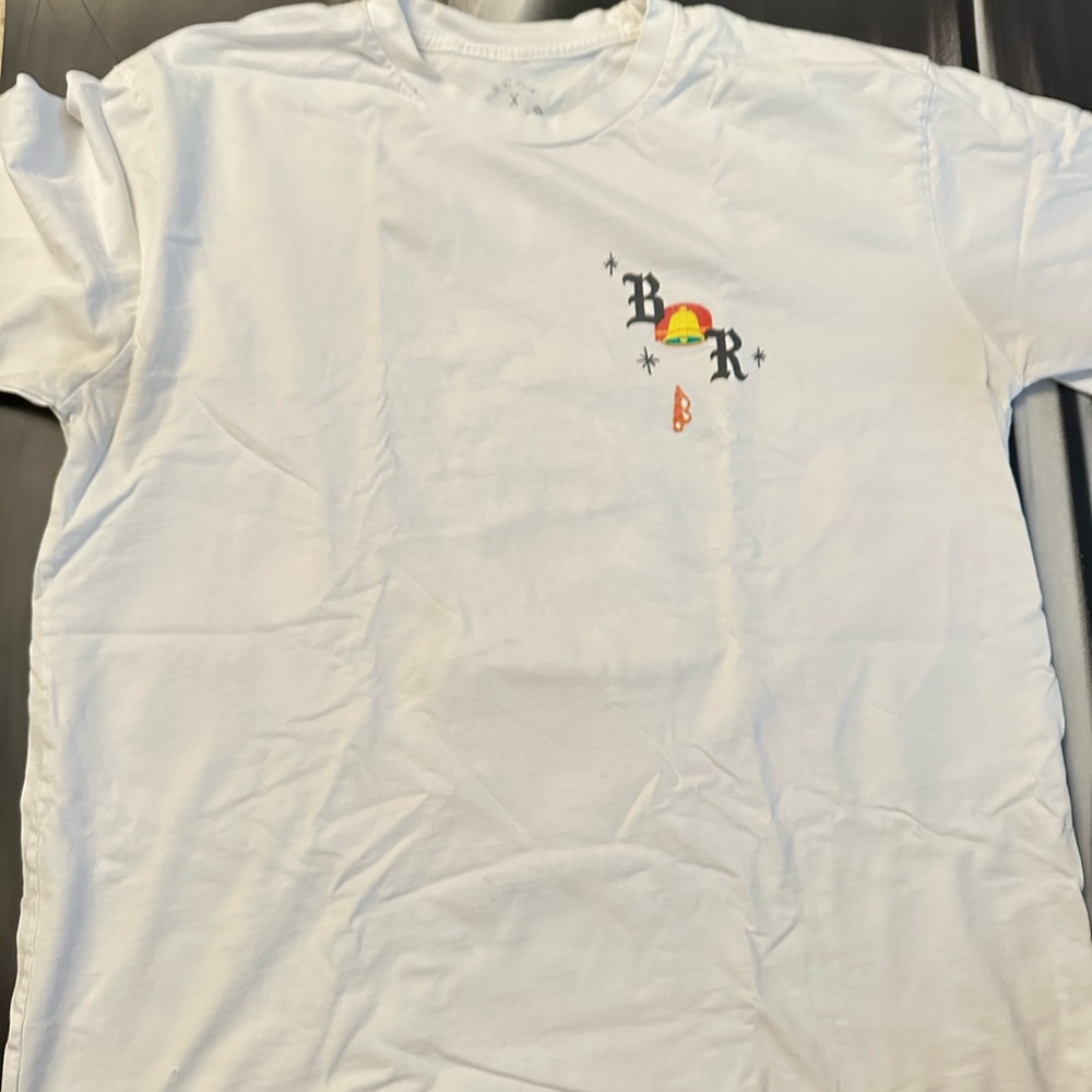 White Graphic Tee with Small Multicolor Chest Design